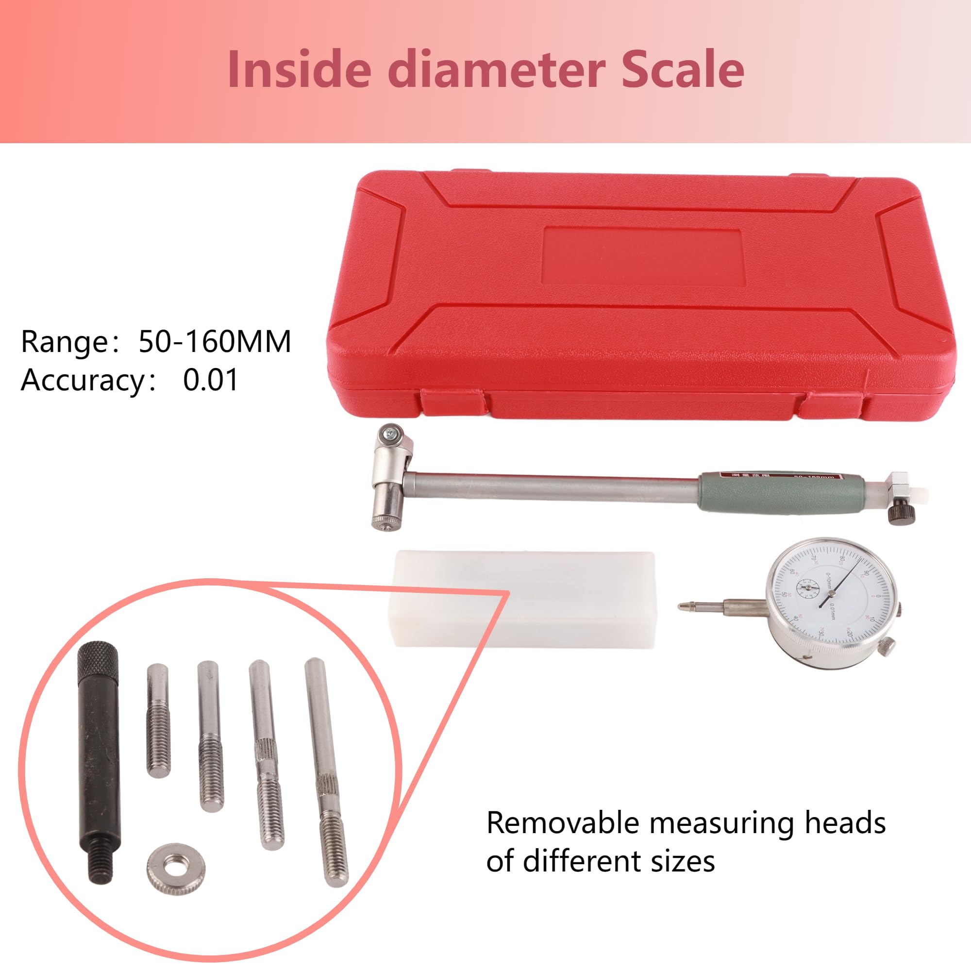 50 – 160 mm di diametro micron, set di strumenti di misurazione del motore, calibro del foro + misuratore per misurazione della profondità dei cilindri del motore, dimensioni interne di officine