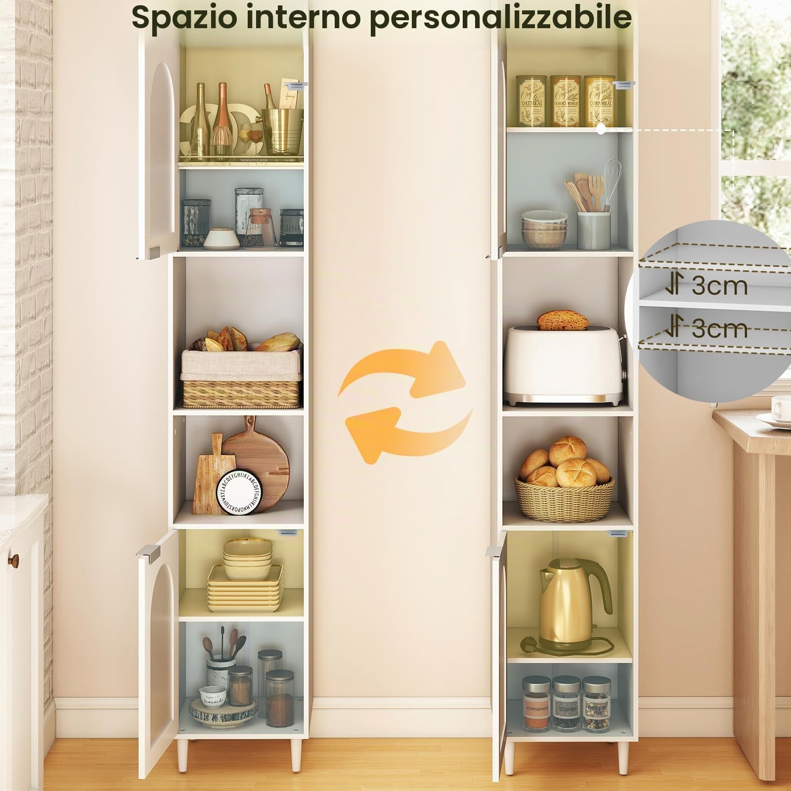 LIFEZEAL Mobile Bagno Salvaspazio Bianco, Colonna Bagno Alto, Stretto, 35x30x180cm, Credenza Cucina, Armadio Dispensa, Mobiletto, con 2 Ante in Vetro, Ripiani Regolabili, Scomparti, in Legno, Max 90kg
