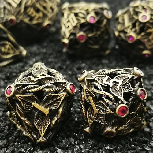 Miniatura 7 de Juego de dados de metal con hojas de vid mágicas huecas, juego de 7 dados para juegos de rol, dados de D&D Dungeons and Dragons (bronce antiguo +