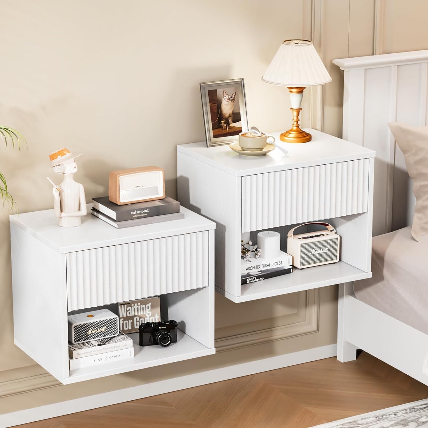 LEADZM Nachttisch Hängend 2er Set, Nachtschrank 40x30x33cm Weiß | Wandregal mit 1 Schublade 1 offenem Fach Wandmontage für Schlafzimmer,Wohnzimmer