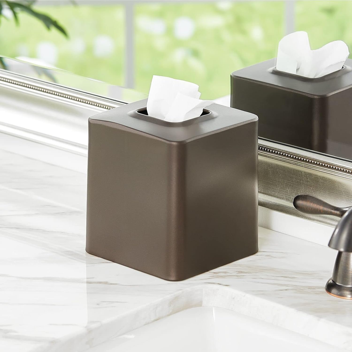 Super Sale 🛒 mDesign Square Paper Facial Tissue Box Cover Holder for Bathroom Vanity Countertops, Bedroom Dressers, Night Stands, Desks, and Tables - Metal, 4 Pack - Bronze