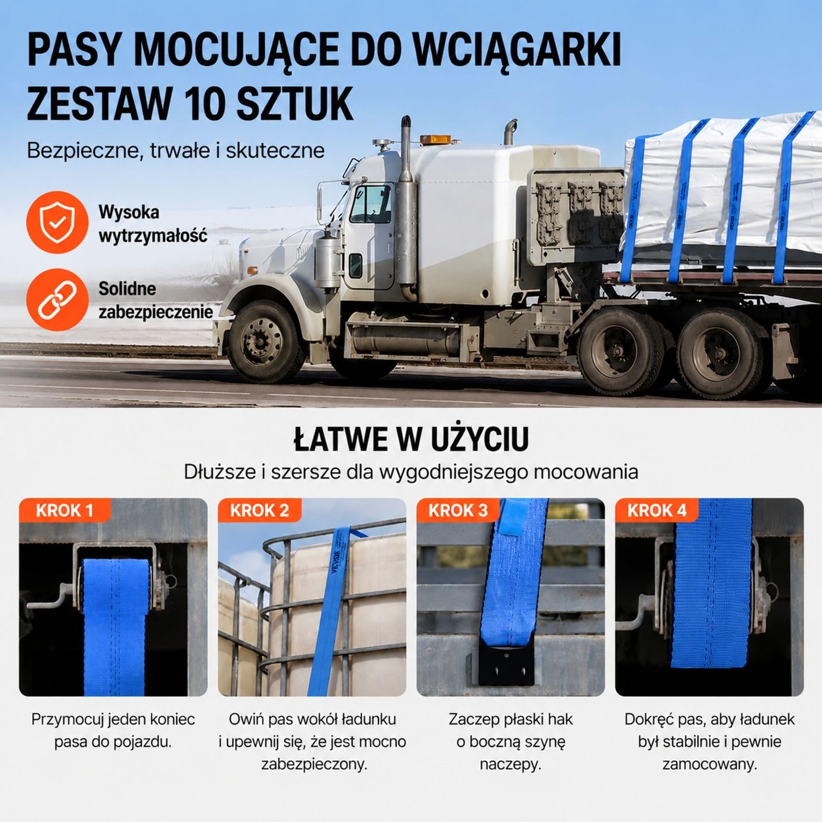 Pasy wyciągarkowe do ciężarówek z płaskim hakiem, zestaw 10 sztuk, niebieskie, do holowania