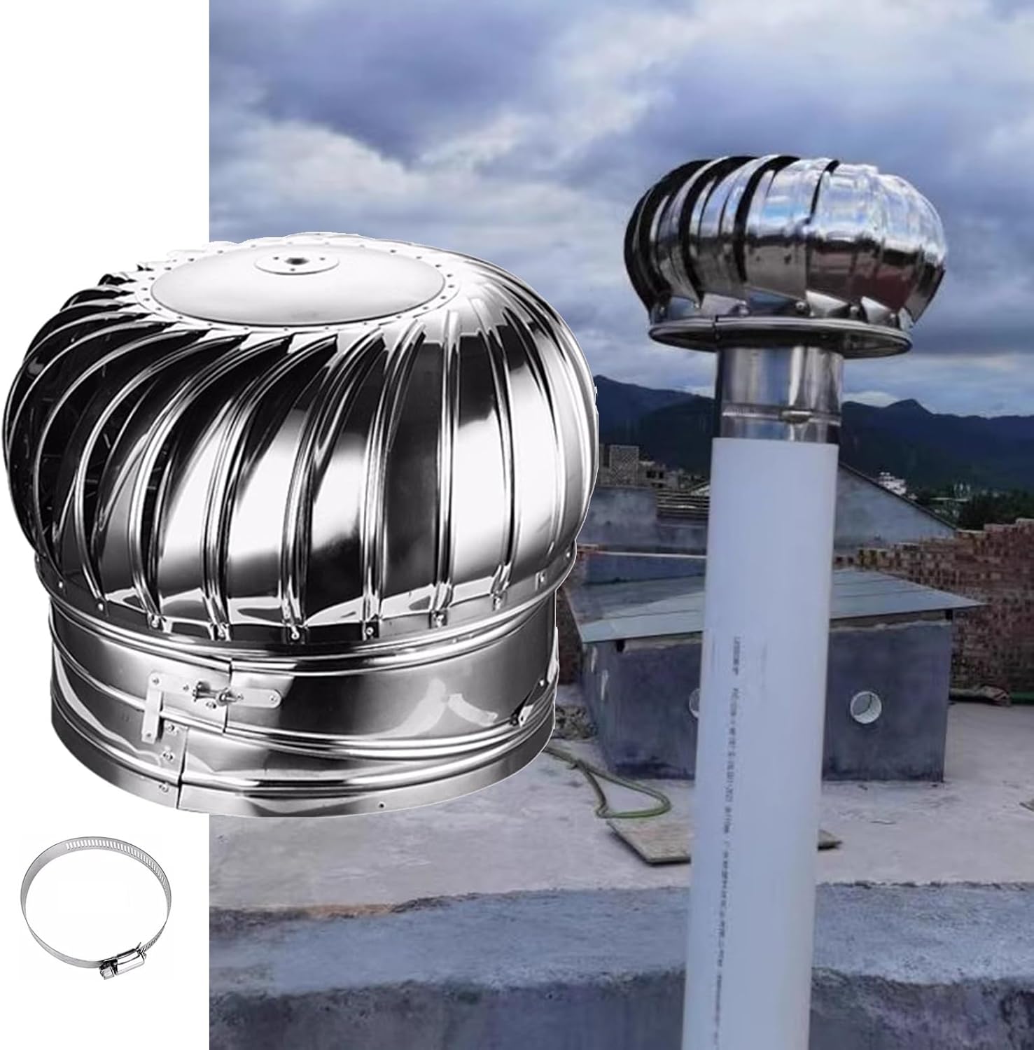 Round Chimney Cap 4 6 8 10 12 Inch for Outside, Spinner Stainless Steel Fireplace Chimney Cover, Rotating Top Chimney Flue Cowl Pipe Vent Cover