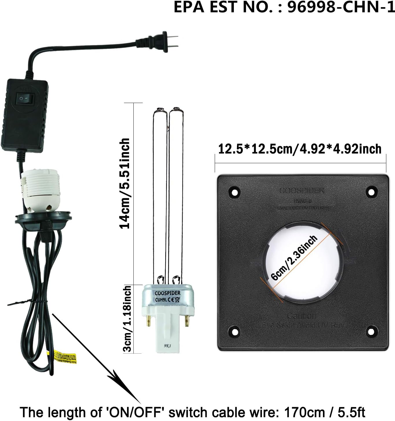 HVAC U/V Light U/V/C Bulb 253.7nm Wavelength Lamp in Duct for Whole House AC Coil Duct Include Ballast Plug 110V 9W