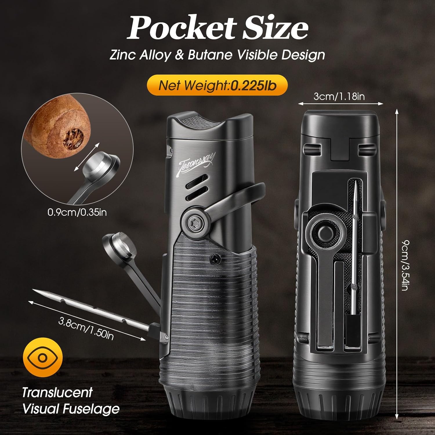Tesonway Cigar Lighter, Windproof Refillable Butane Torch Lighter, Multifunction Cigar Accessories Butane Lighter with Cigar Holder, Cigar Draw Enhancer and Cigar Punch, Butane Not Included