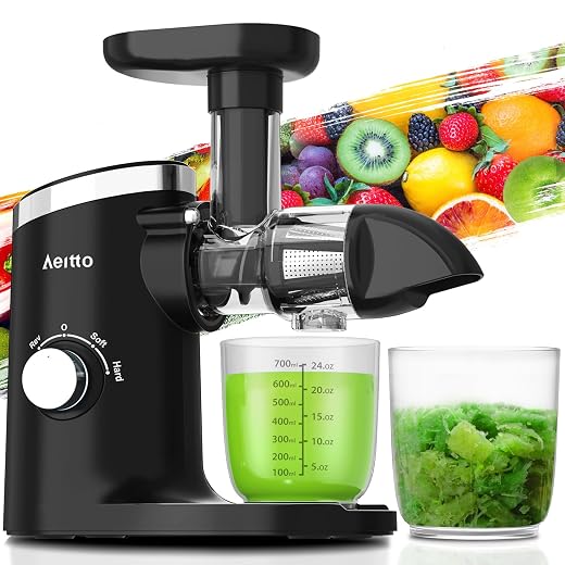 Aeitto Juicer Machines, Quiet Motor Juicer, Cold Press Juicer, Masticating Juicer, Celery Juicers, with Triple Modes,Reverse Function,Easy to Clean with Brush, Recipe for Vegetables And Fruits, Black