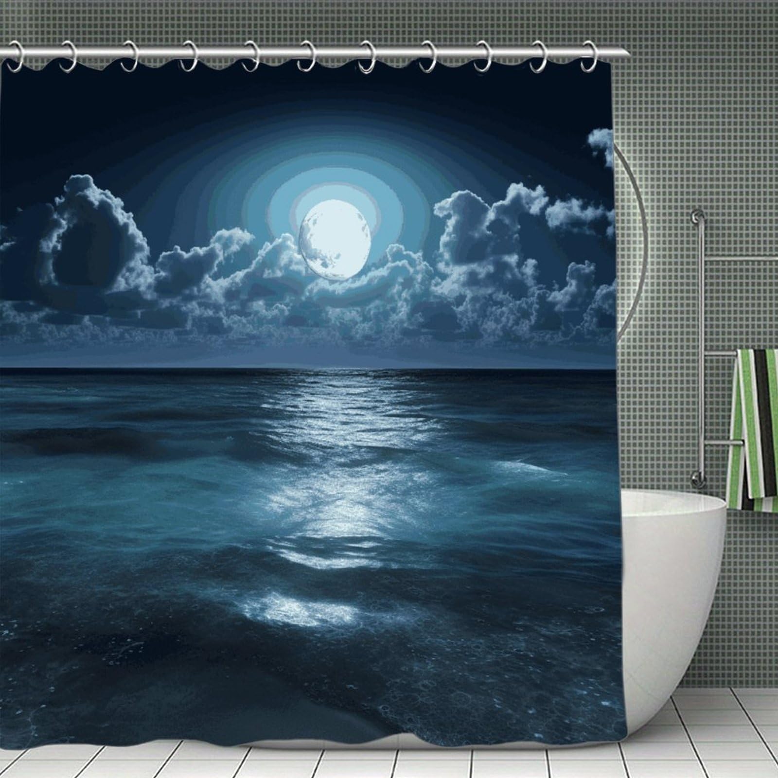 FekiLoot Sea and Moon Shower Curtain with Hooks Modern Farmhouse Bathroom Curtain Waterproof Cloth Bath Curtains Cute Washable Blackout Privacy Curtains for Bathroom Bathtub 70.8"x70.8"