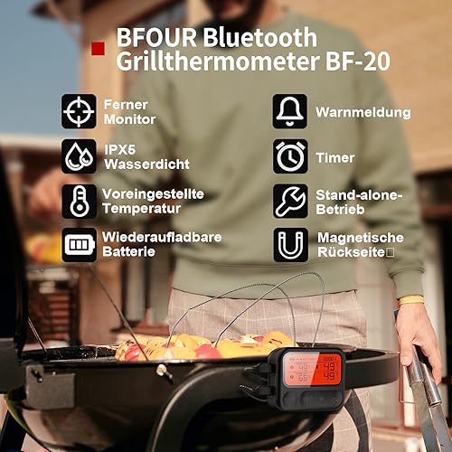 Miniatura 7 de BFOUR Termómetro digital de carne para asar y ahumar, termómetro de carne Bluetooth inalámbrico doble sonda de carne para asar al aire libre,