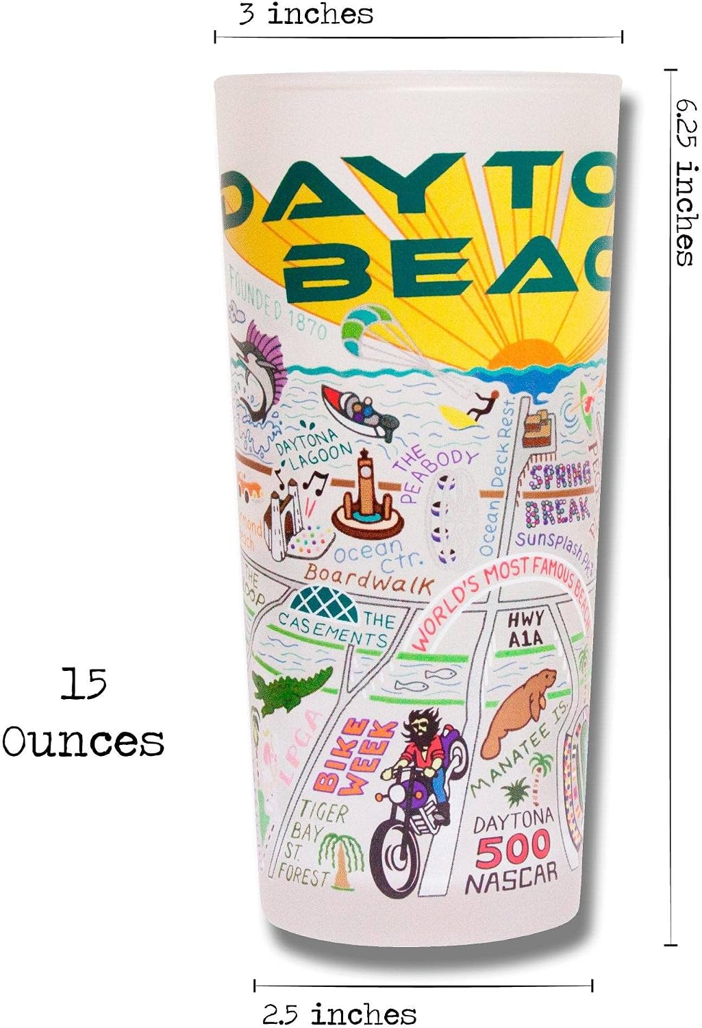 Catstudio Drinking Glass, Daytona Beach Frosted Glass Cup for Kitchen, Drinking Glasses, 15oz Dishwasher Safe Tumbler, Wedding Gifts