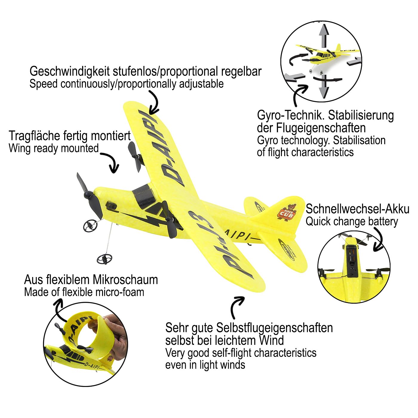 JAMARA 410191 Piper J3-CUB Aereo 2,4 GHz Gyro 2CH – 2,4 GHz Funzionamento Multiplayer, Microschiuma Flessibile, Adatto per Principianti