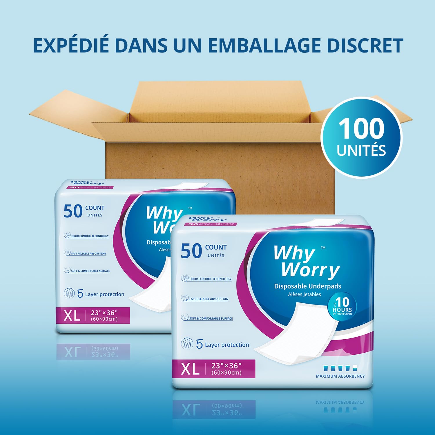 WhyWorry Alèses Jetables 60x90 cm Imperméables, Matelas de Lit Protections pour Adultes Incontinence et Fuites Urinaires, Tapis Absorbant Educateur Chien Animaux, Contrôle des Odeurs, 50 Unités