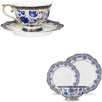 ACMLIFE Tea Coffee Cup and Saucer Set, Bone China Dinnerware Set for 4, Blue and White
