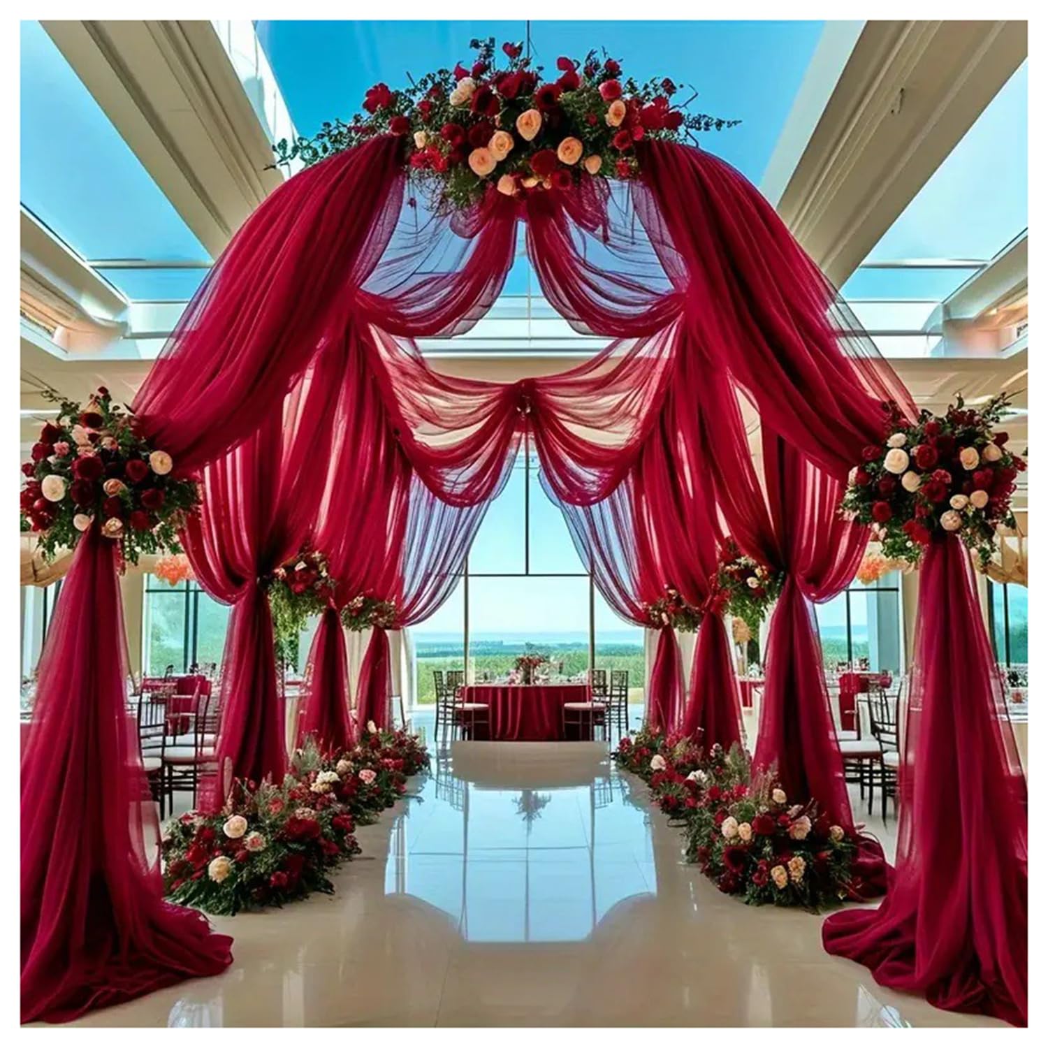 Tissu pour arche de mariage bordeaux en organza et mousseline décorative 10m x 160cm