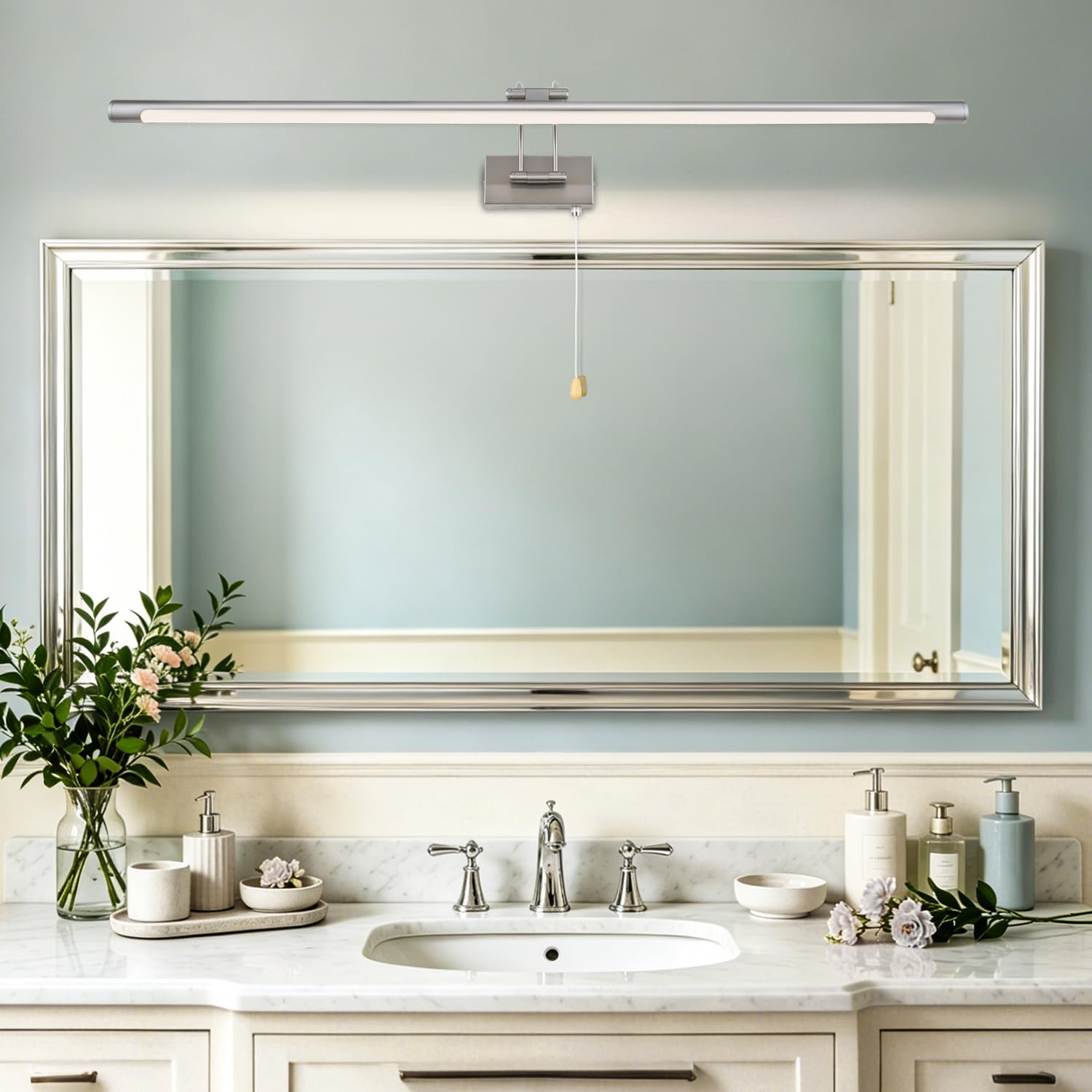 TYhogar LED Bathroom Mirror Light Picture Lights for Wall 90cm Nickel Wall Light with Pull Switch and Swivel Lamp Head IP44 Bathroom Lighting Fixtures with Arc Arm