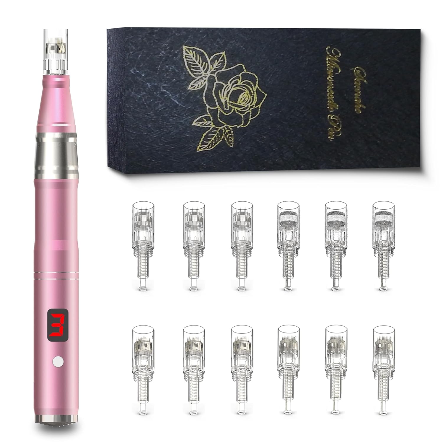 Wireless Permanent Makeup Machine with 12pcs Cartridges for Miroblading Shading Eyeliner Lip Rose(Pink)