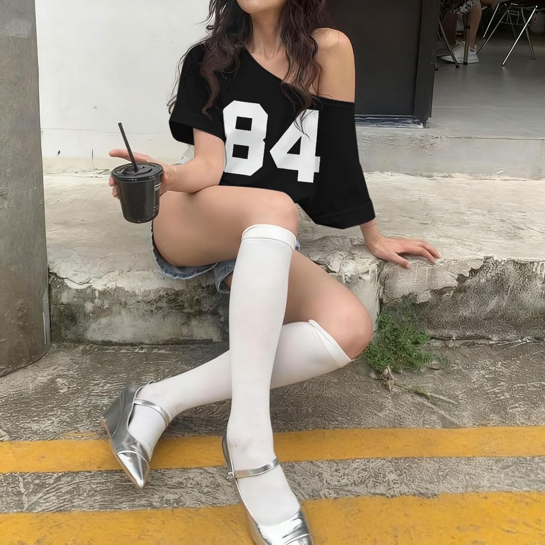 KIDDAD Off The Shoulder Tops for Women Number Graphic Clothes for Teen Girls Oversized Y2K Jersey Cute Baggy Shirts - Image 7