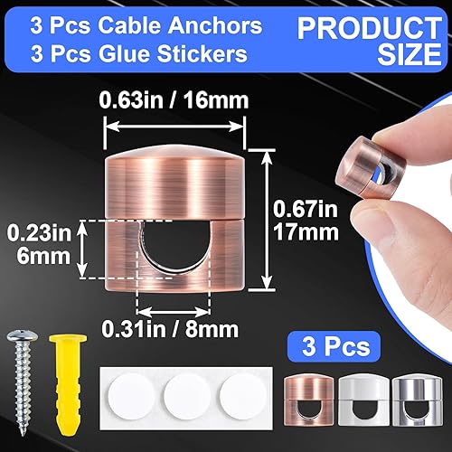 Miniatura 154 de 3 juegos de soportes de cargador para cables, soportes de anclaje de cable ajustables plateados, clips de cable de metal adhesivos, organizadores de