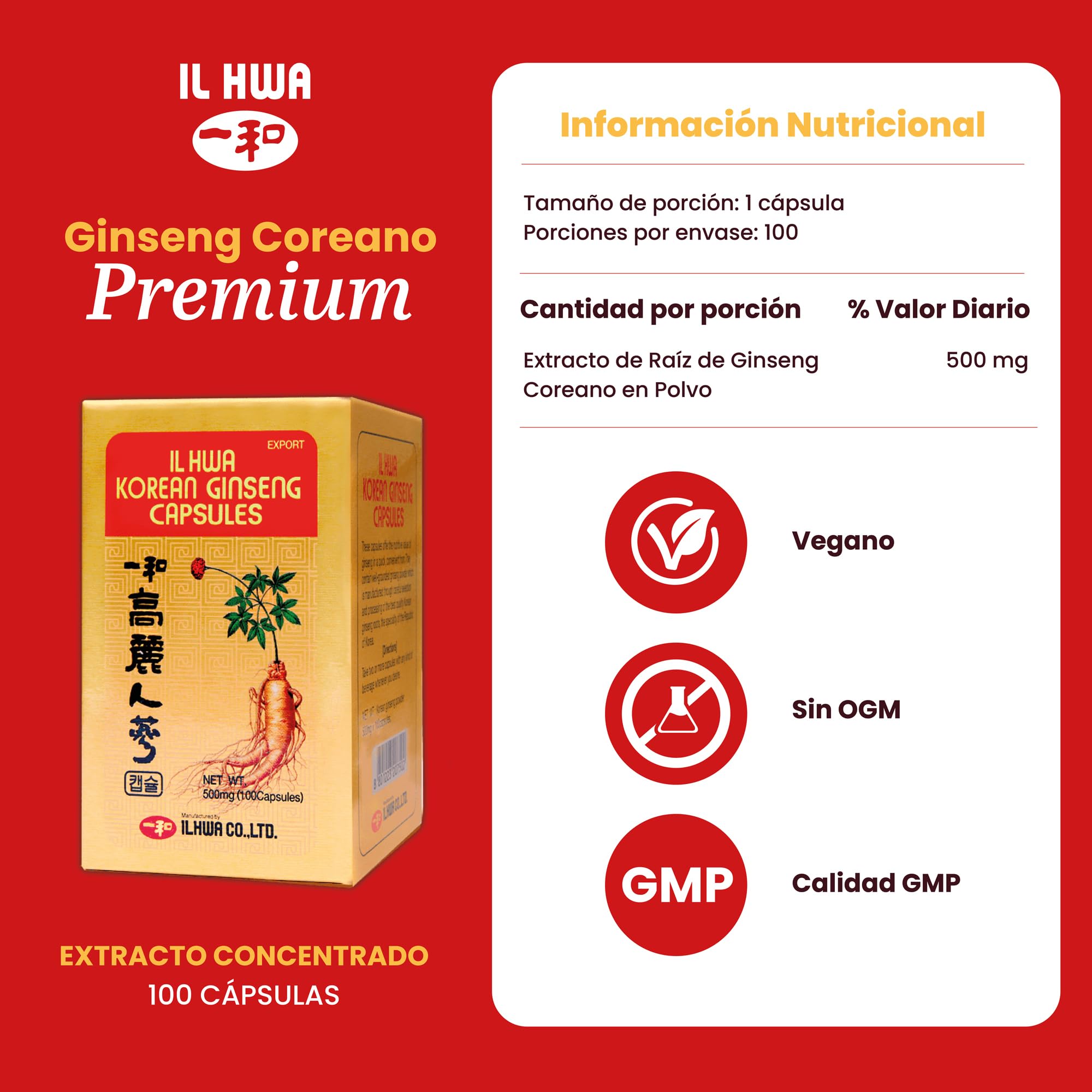 Ginseng Coreano Puro, Calidad Ilhwa, 500 mg, 100 cápsulas | Panax Ginseng 100% Sin aditivos | Energía Física y Mental | Raíces Maduras de Cultivo Propio y Extracción Exclusiva | de TONGIL