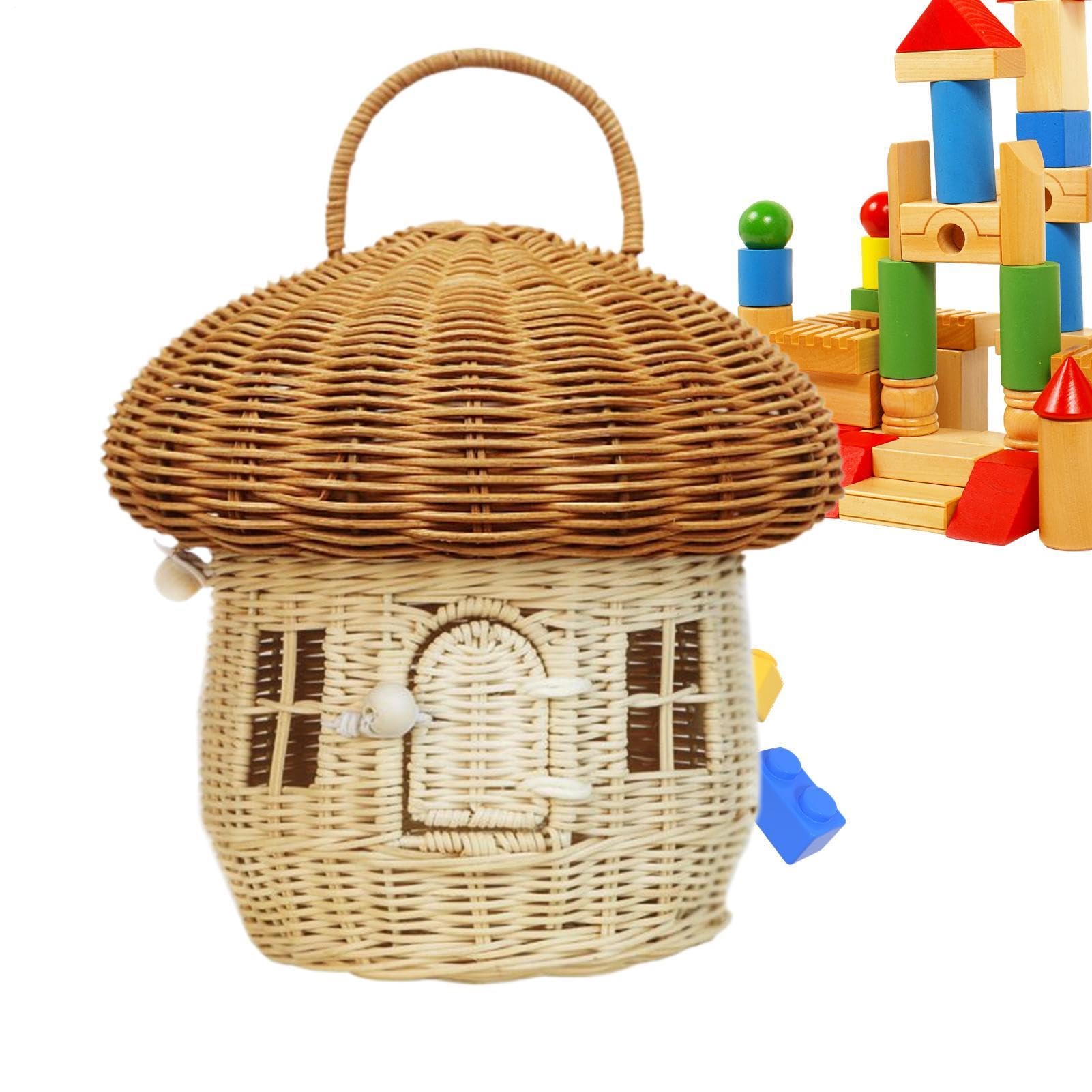 Panier de rangement en osier avec couvercle champignon fait main pour maison