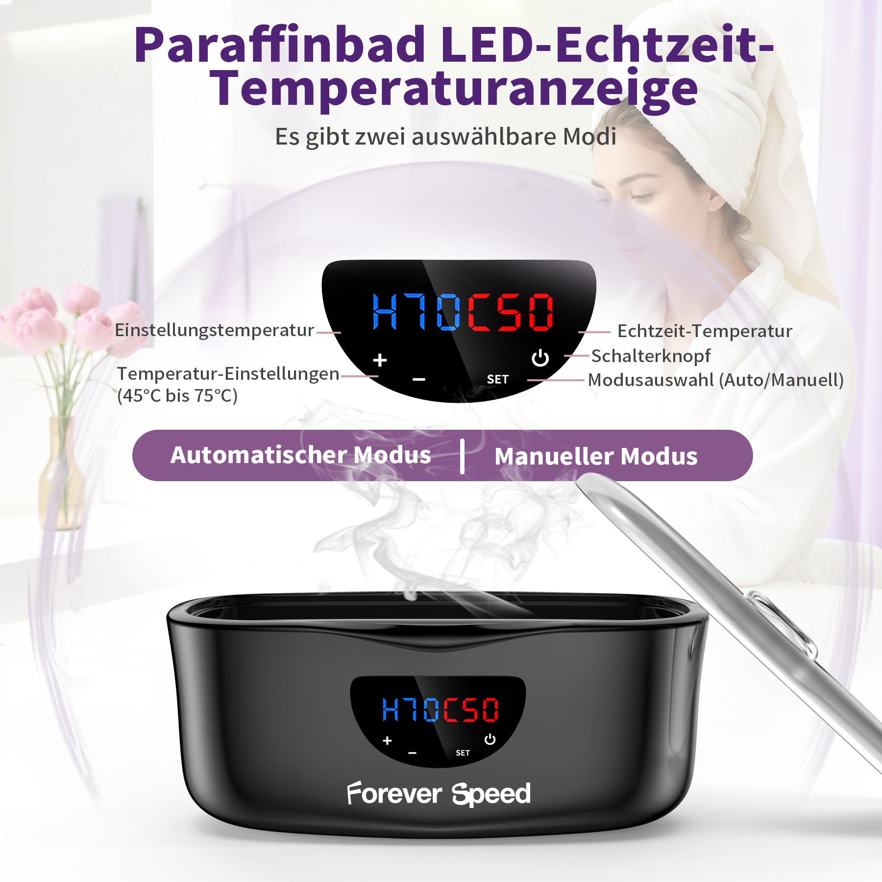 Forever Speed 4L Paraffinbad für Hände und Füße Arthrose, Paraffinbad Wärmer mit Manueller/Auto-Modus Paraffinbad Hände Füße Set mit 1350g Paraffinwachs und Handschuh, 230W