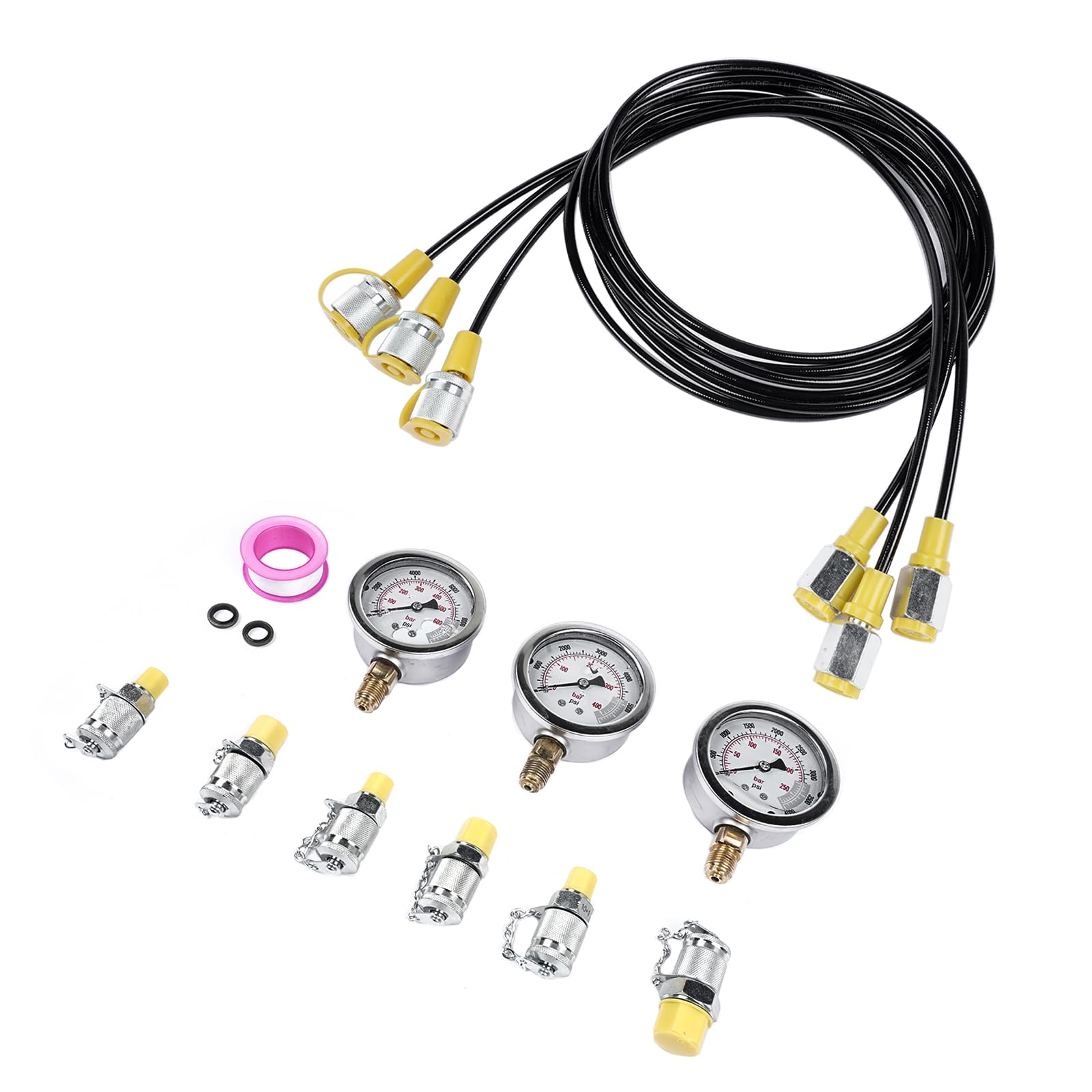 Hydraulic Pressure Test Kit 25/40/60MPa mit 6 Kupplungen, 304 Edelstahl Hydraulik-Messgeräte-Set für Bagger & Baumaschinen, inklusive Schlauchkupplungen und Messgerät für Hydraulik-Testgeräte