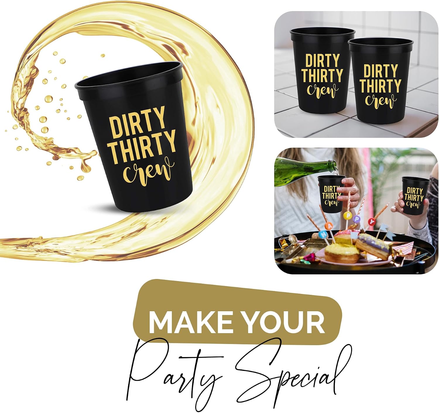 Dirty Thirty Crew 30th Birthday Party Cups and 1"Talk Thirty to Me" Button, Set of 12, 16oz Black and Gold 30th Birthday Stadium Cups, Perfect for Birthday Parties,Birthday Decorations (Regular)