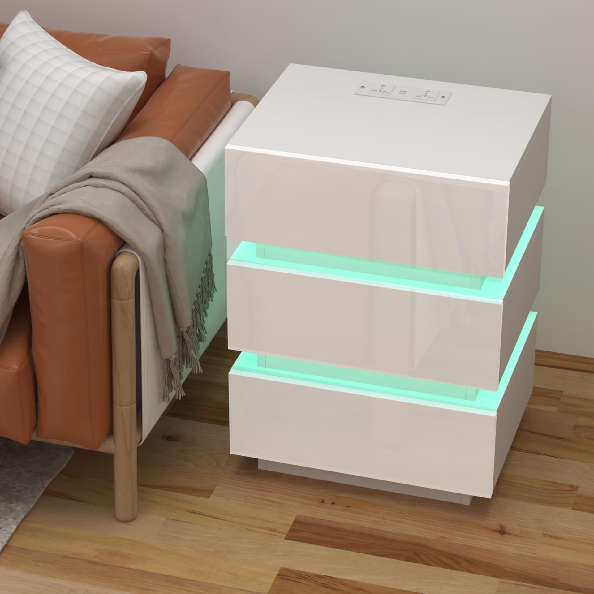 Moderno Comodino Lucido Comodini con striscia luminosa a led Bianco Comò Comodino con presa Tavolino con 3 cassetti per camera da letto, soggiorno