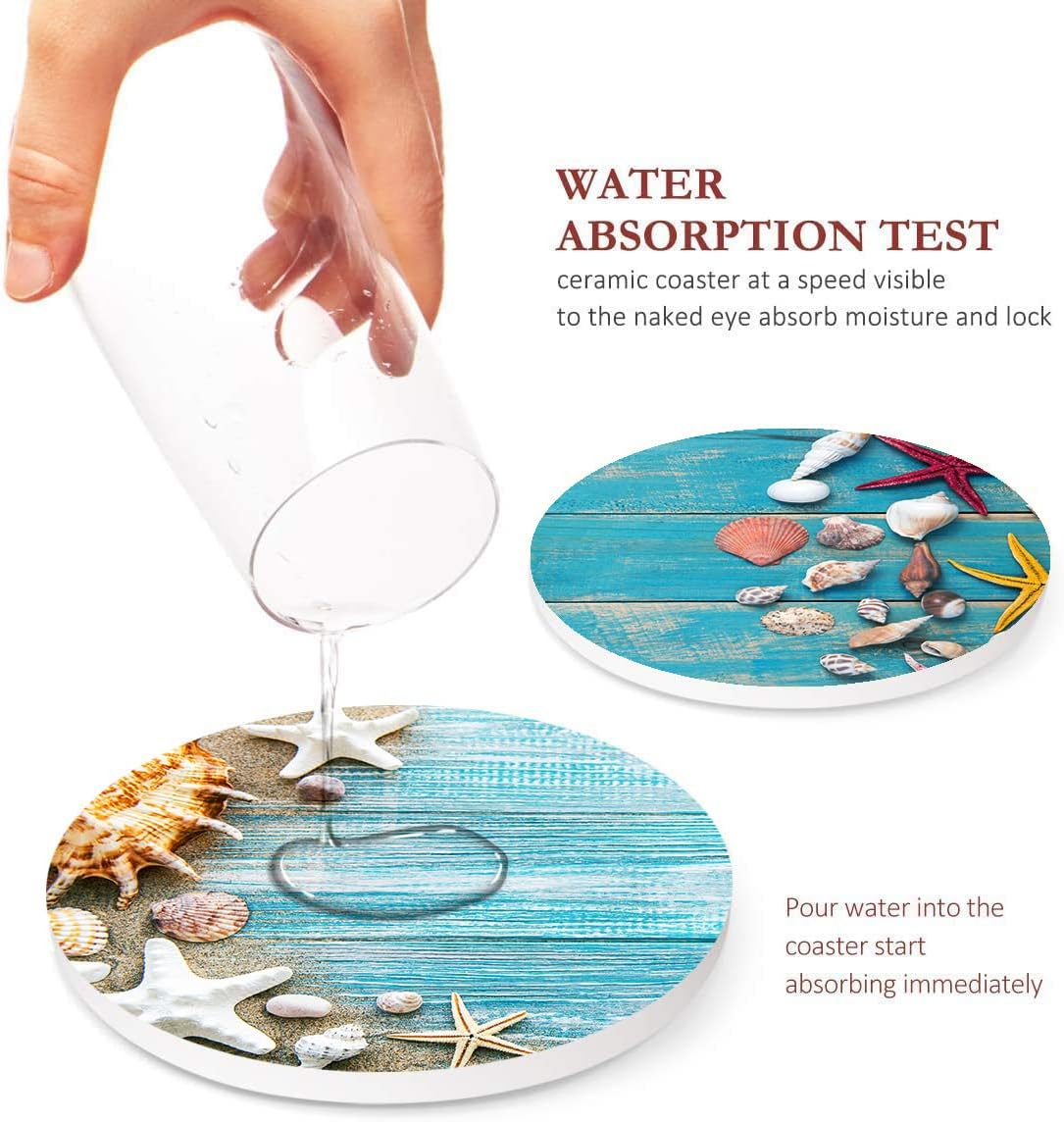 Britimes Coaster for Drinks Set of 6, Shells Blue Wooden Space Beach Table Absorbent Round Ceramic Stone Mat, with Cork Base and Metal Holder, Gift for Housewarming Room Bar Decor - Image 3