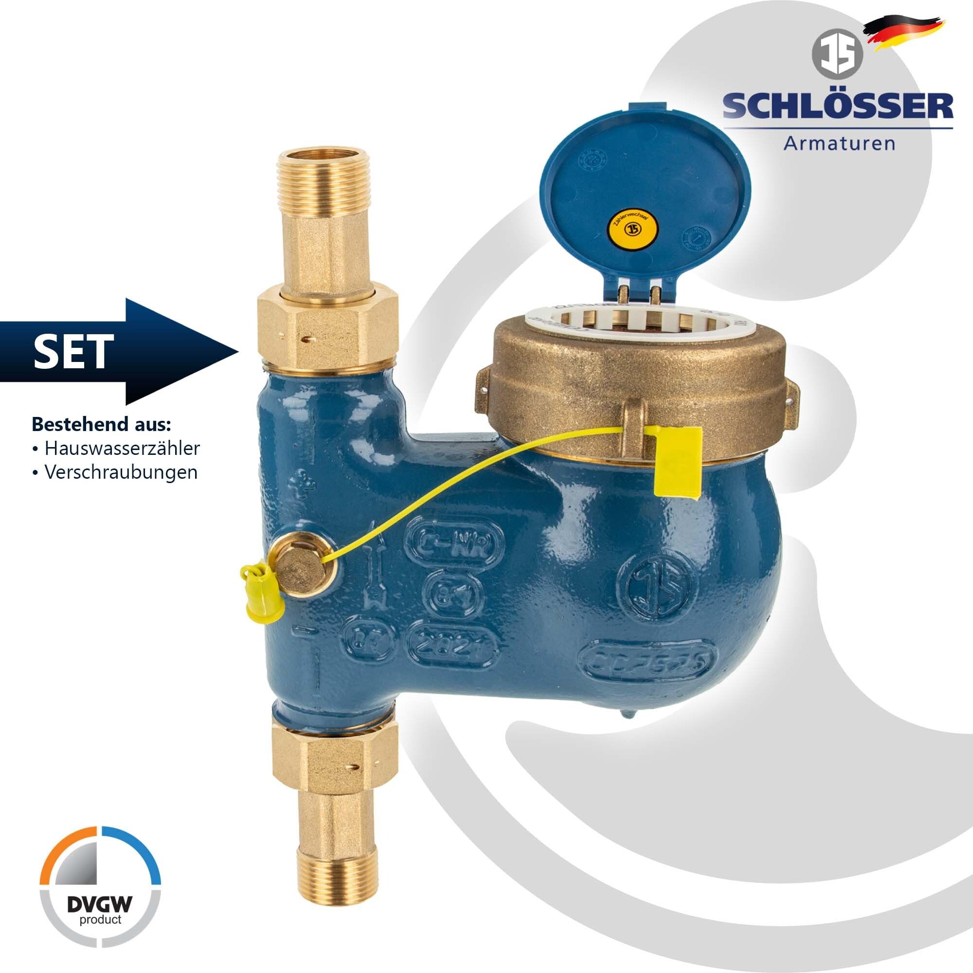 Steigrohr Hauswasserzähler Kombi-Set, Baulänge 150 mm, inkl. Verschraubungen 1 1/4 Zoll x 1 Zoll AG, Messing