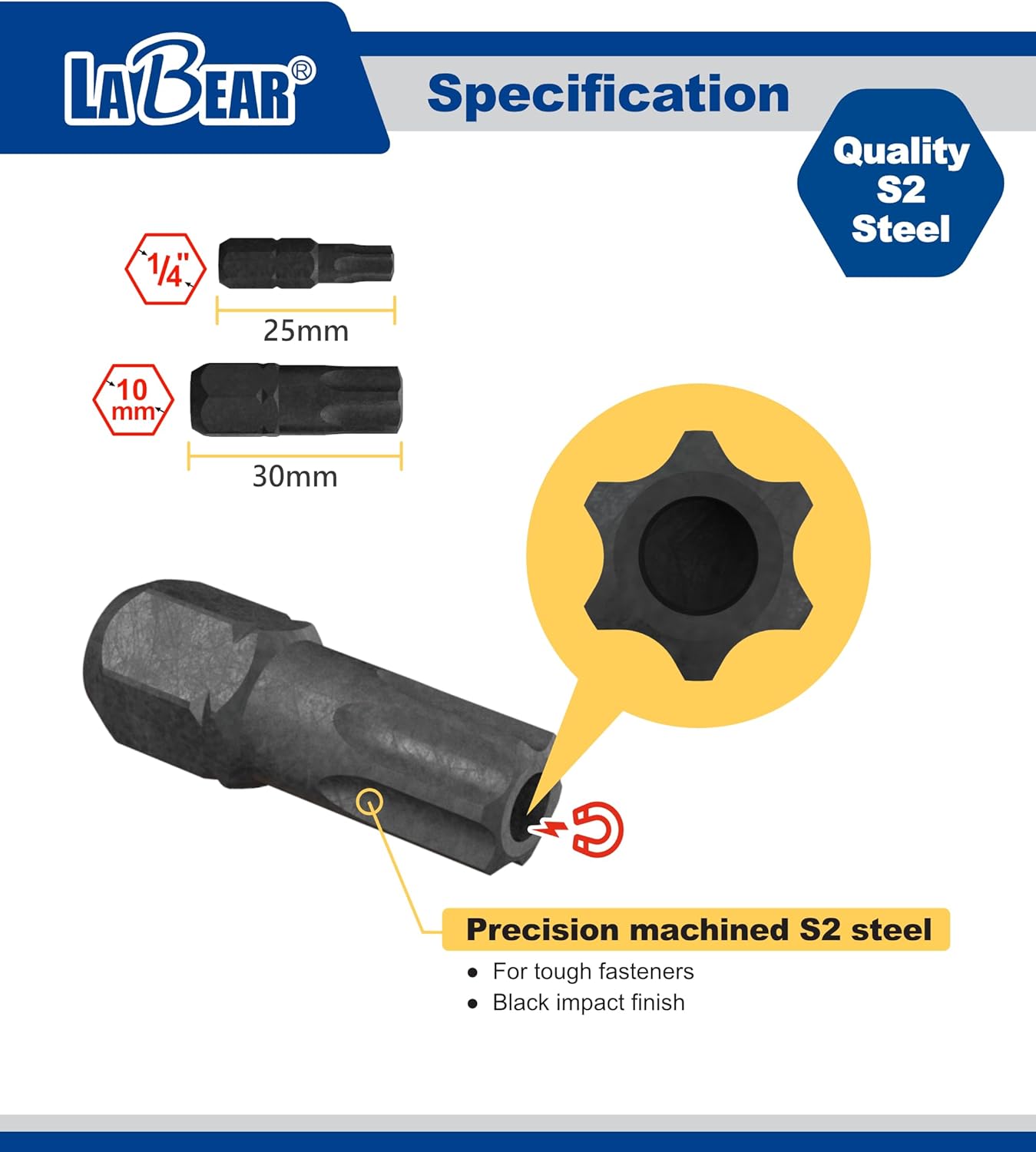 LABEAR 13‑Piece Torx Screwdriver Bit Set, S2 Alloy Steel Star Bits T8–T55, 1/4" Hex Shank (T8–T40) & 10 mm Drive (T45–T55), Impact‑Driver Compatible, Manganese Phosphate Finish, Organizer Holder