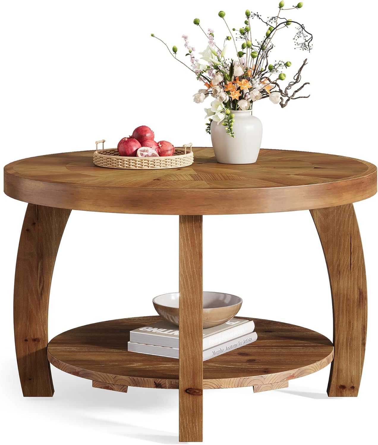 Solid Wood Round Coffee Table, 2-Tier Center Table with Storage, 31.5 Inch Wood Tabletop with Mosaic Pattern, Easy Assembly, for Living Room, Brown