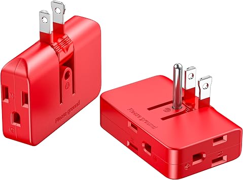 Red 3-Prong Outlet Splitter - Converts 2 to 3 & 3 to 2 Prong, 2 Pack | Slim outlet extender/Side Plugs for Wall Outlet/Rotatable outlet/Multi-Plug Wall Adapter/Plug Extender/Small power strip