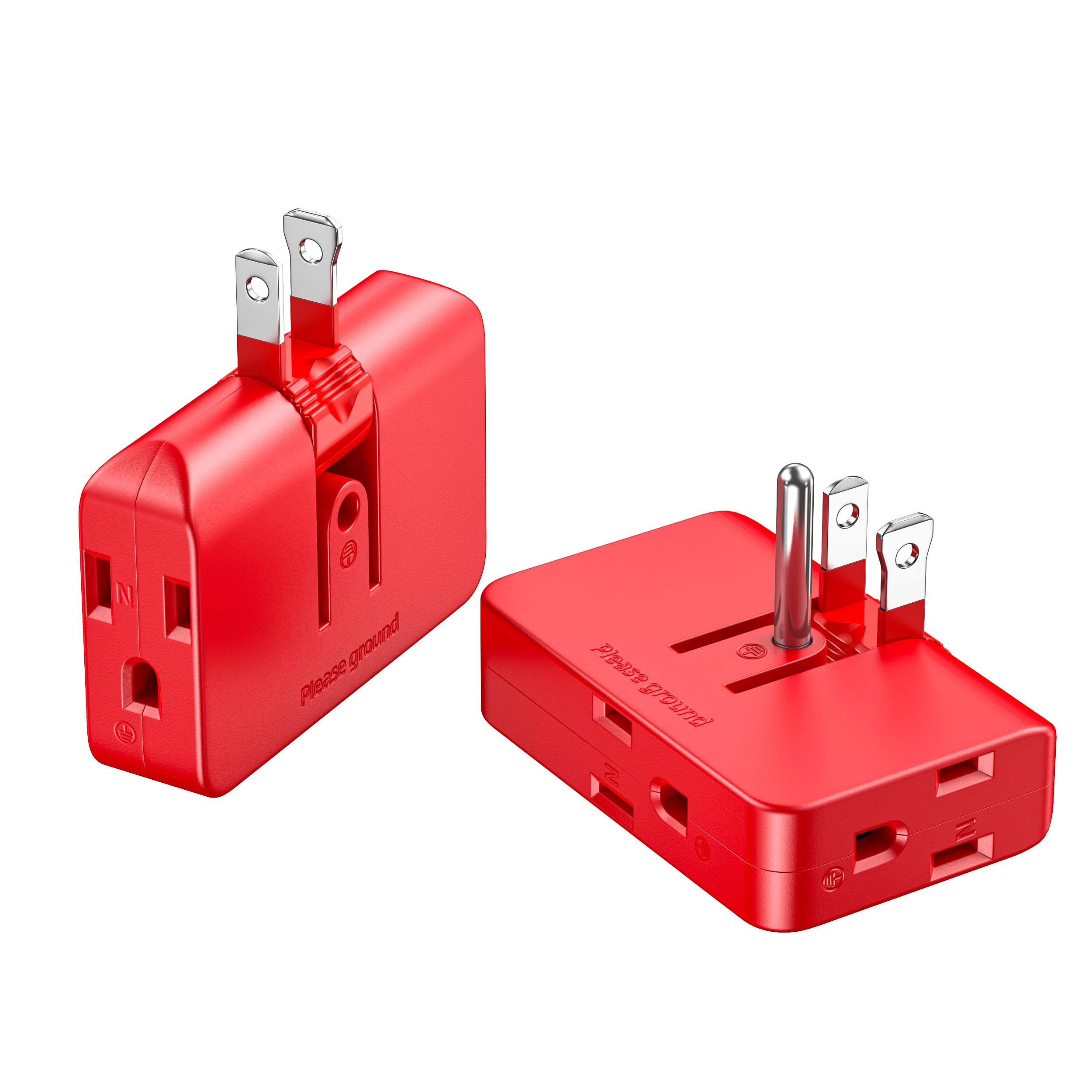 Red 3-Prong Outlet Splitter & Plug Extender - Converts 2 to 3 & 3 to 2 Prong, Multi-Plug Wall Adapter, Side Plugs for Wall Outlet, Rotating Outlet