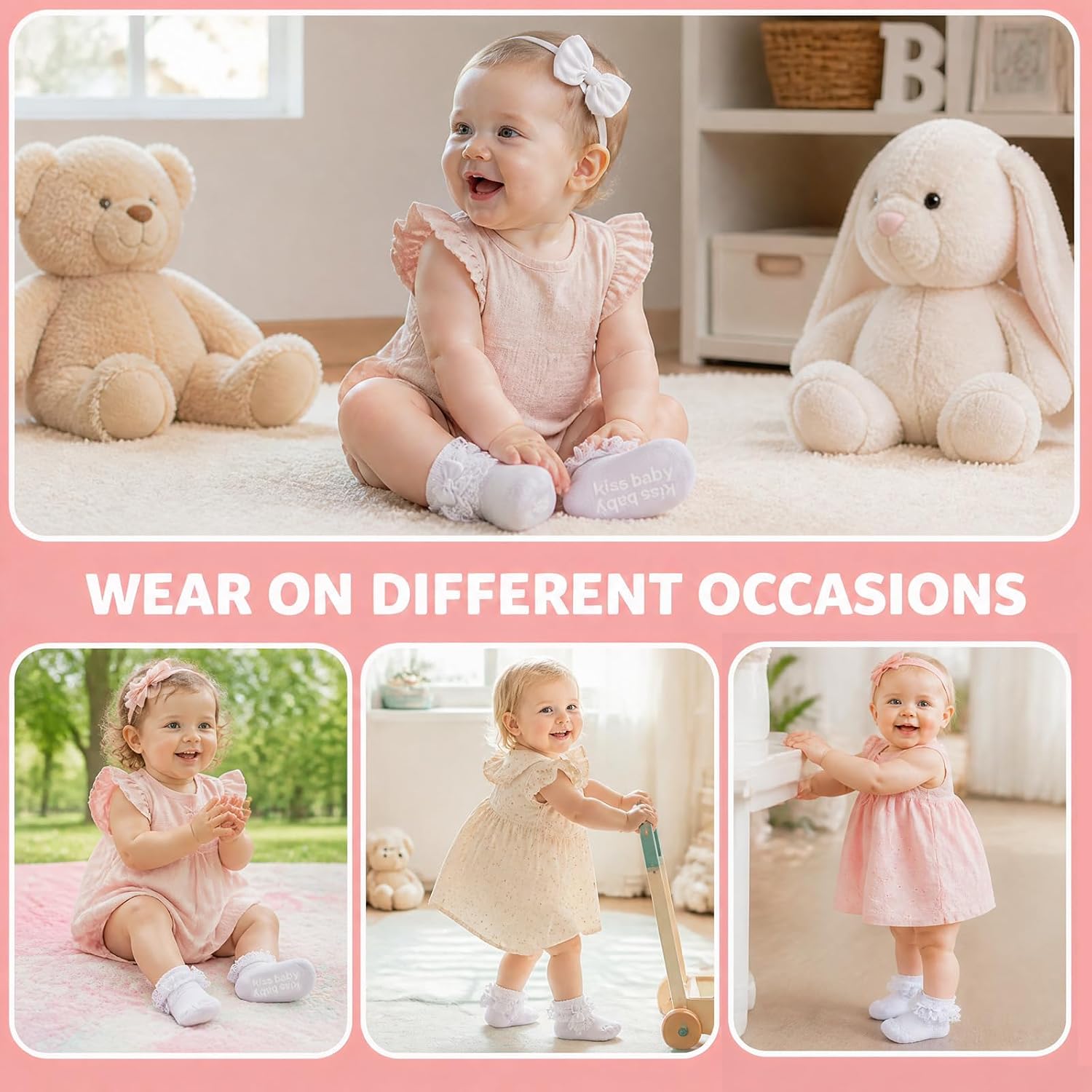 Baby Girl Ruffle Socks with Grips Bowknot Non Slip Cotton Lace Dress Socks Newborn Infant Toddler Kids Gift Set