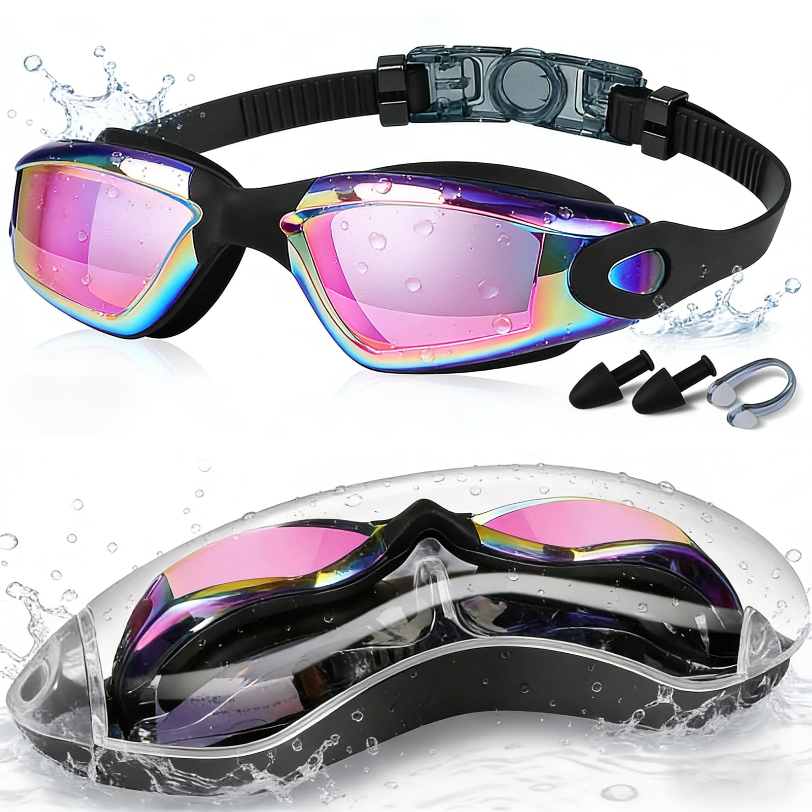 wiipara Swimming Goggles, Unisex Goggles Silicone Nose Bridge Clear Vision Anti Fog Waterproof UV Protection Easy Adjustment for Men Women Adults Youth, Pink Mirrored