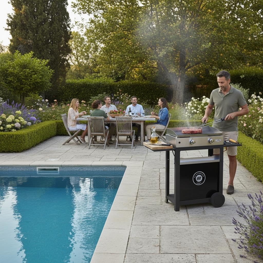 LE MARQUIER La Plancha INOX Duo Edition : Plancha 260 Gaz + Chariot Noir + Couvercle INOX+ Porte Épices Et Rideau