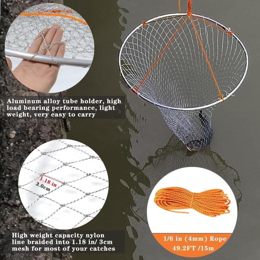 Drasry Large Collapsible Bridge Pier Fishing Net Landing Net with Rod, High Load Aluminum Ring Drop Net for Saltwater and Freshwater Pier Fishing Basket with 49.2 ft. Rope