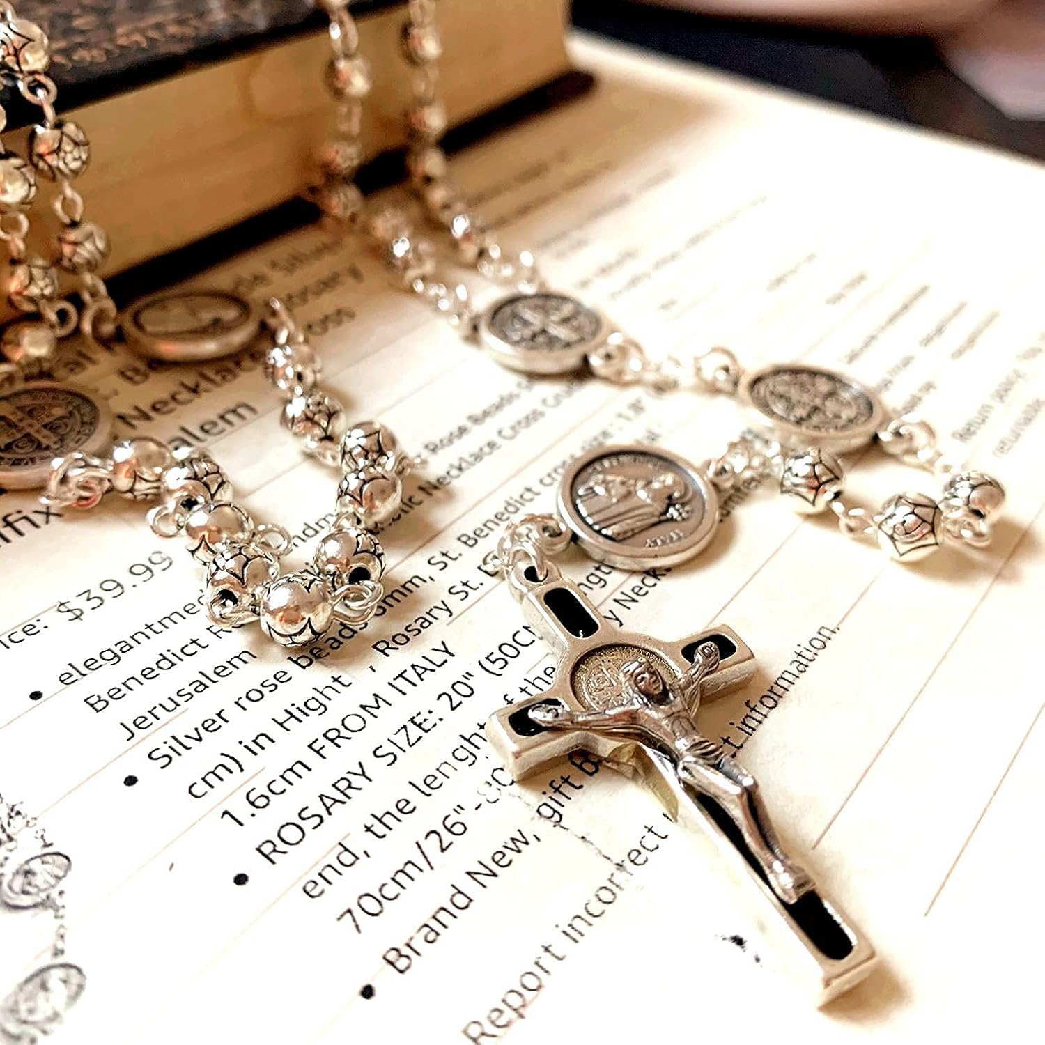 elegantmedical Handmade Silver Rose Beads St. Benedict Rosary gift Catholic Necklace Cross Crucifix Jerusalem