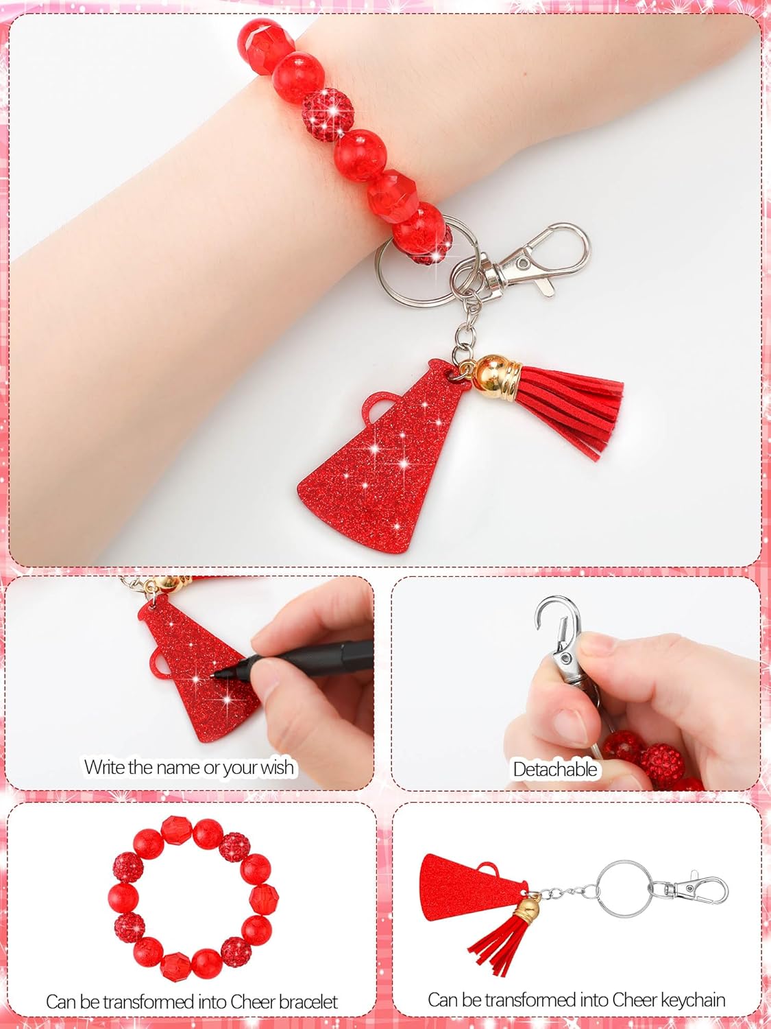 Henoyso 20 Pcs Cheer Party Favor Beaded Keychain Wristlet Bracelet Bulk Cheerleader Keyrings Gift for Team Women Party - Image 4