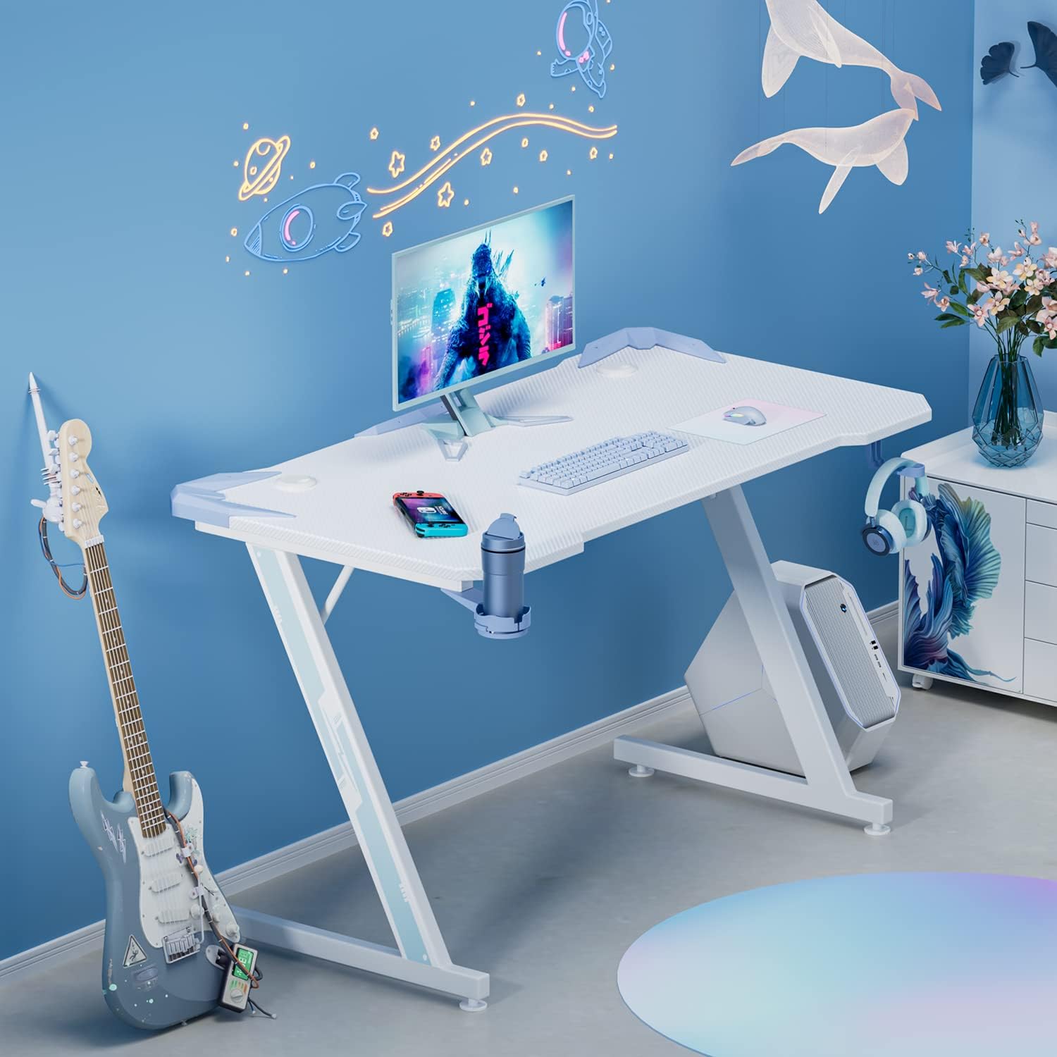 Victone Gaming Desk, 44.1 x 23.6 x 29.4 inches (112 x 60 x 74.4 cm), Computer Desk, Z Leg, Computer Desk, Game Desk, Office Desk, Work Desk, Carbon Fiber Top Plate, Cup Holder and Headphone Hook,