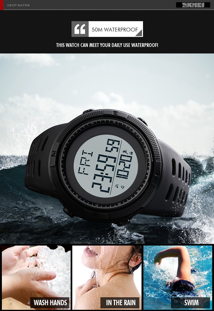 SKMEI Digital Watch Model 1295, showing various display modes: Time mode, Pedometer mode, Calorie mode, Alarm mode, Time2 mode.