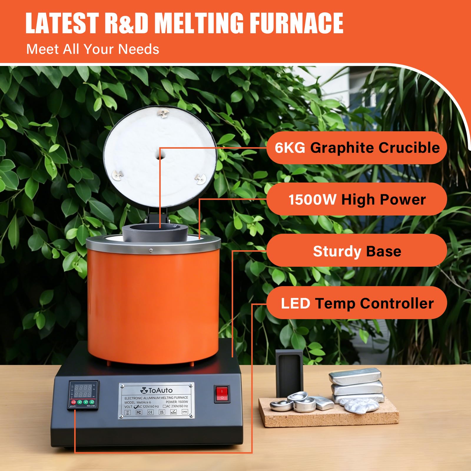 TOAUTO MeltAce 6‎ Aluminium Electric Melting Furnace 6 kg, 1500 W PID Electric Melting Furnace Kit, for Recycling Scrap and Cast Aluminium (Under 1.832°F Metal)