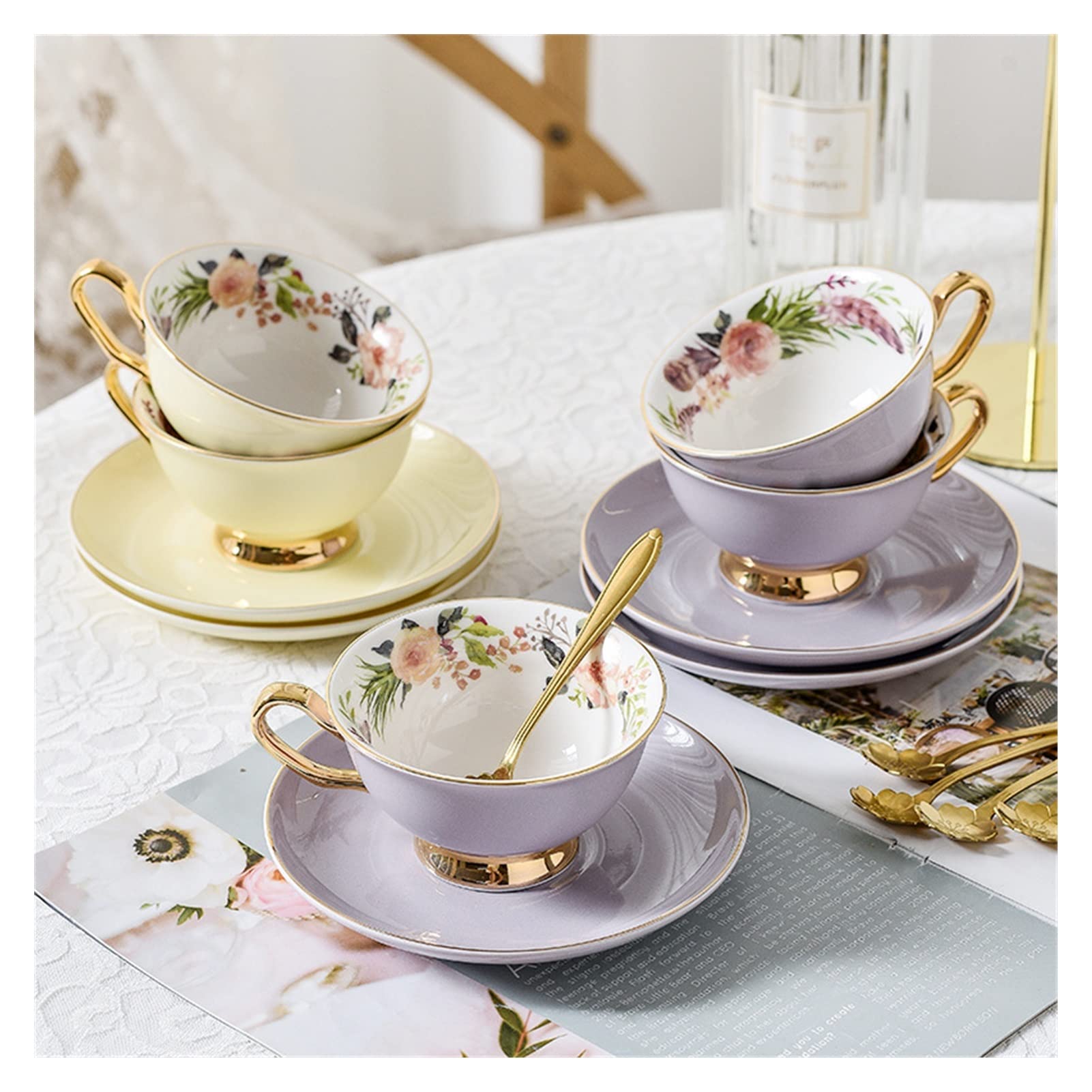Juego de Tazas de Cafe,Taza de Té y Plato Copa de café de cerámica Set Exquisito Color Golden Rim Café de café y platillo Taza de té Taza de té Taza de té(Purple)