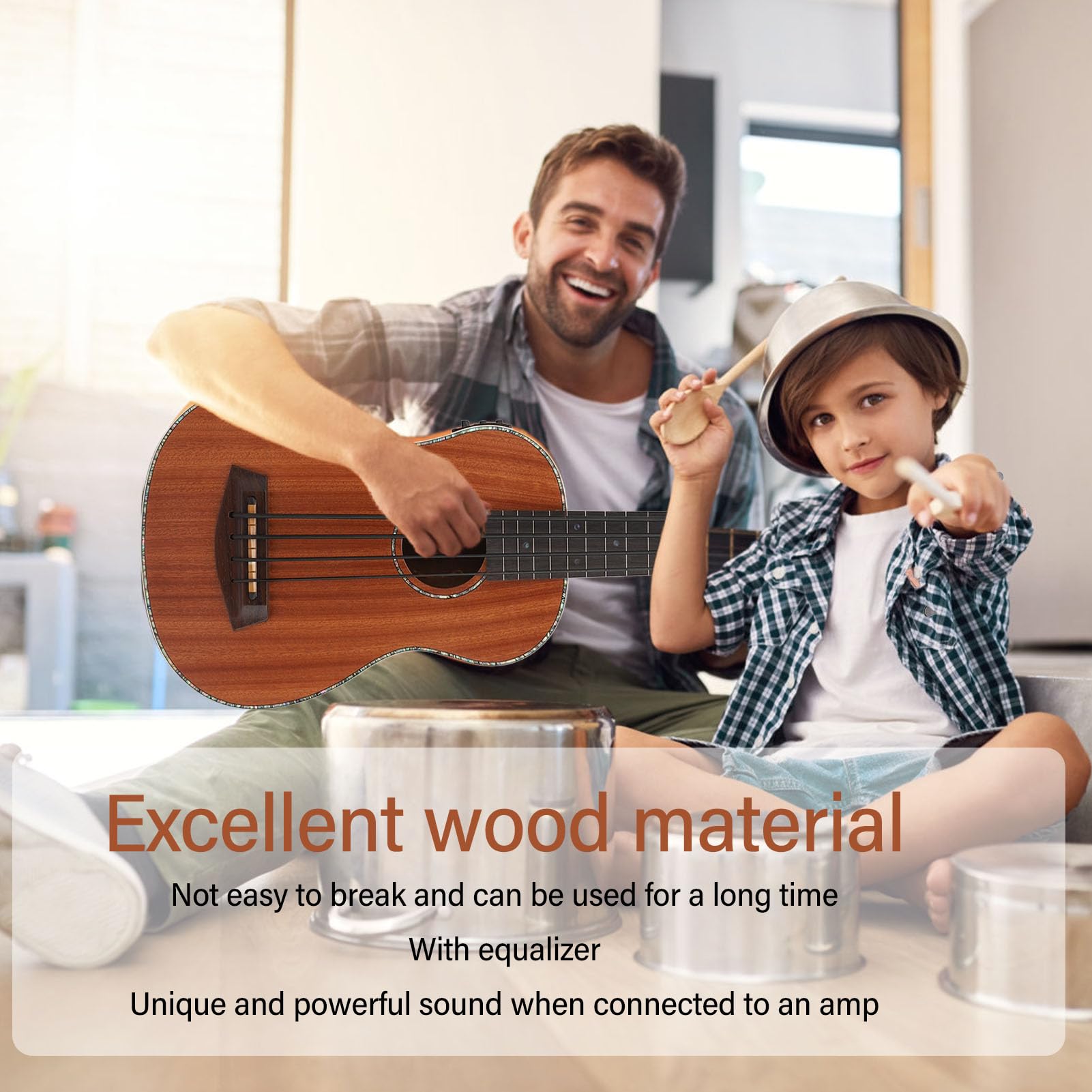 Basso Acustico Ukulele a 4 Corde in Legno a 16 Tasti con Sintonizzatore Pressofuso Nero Ed Equalizzatore per Concerti Musicali