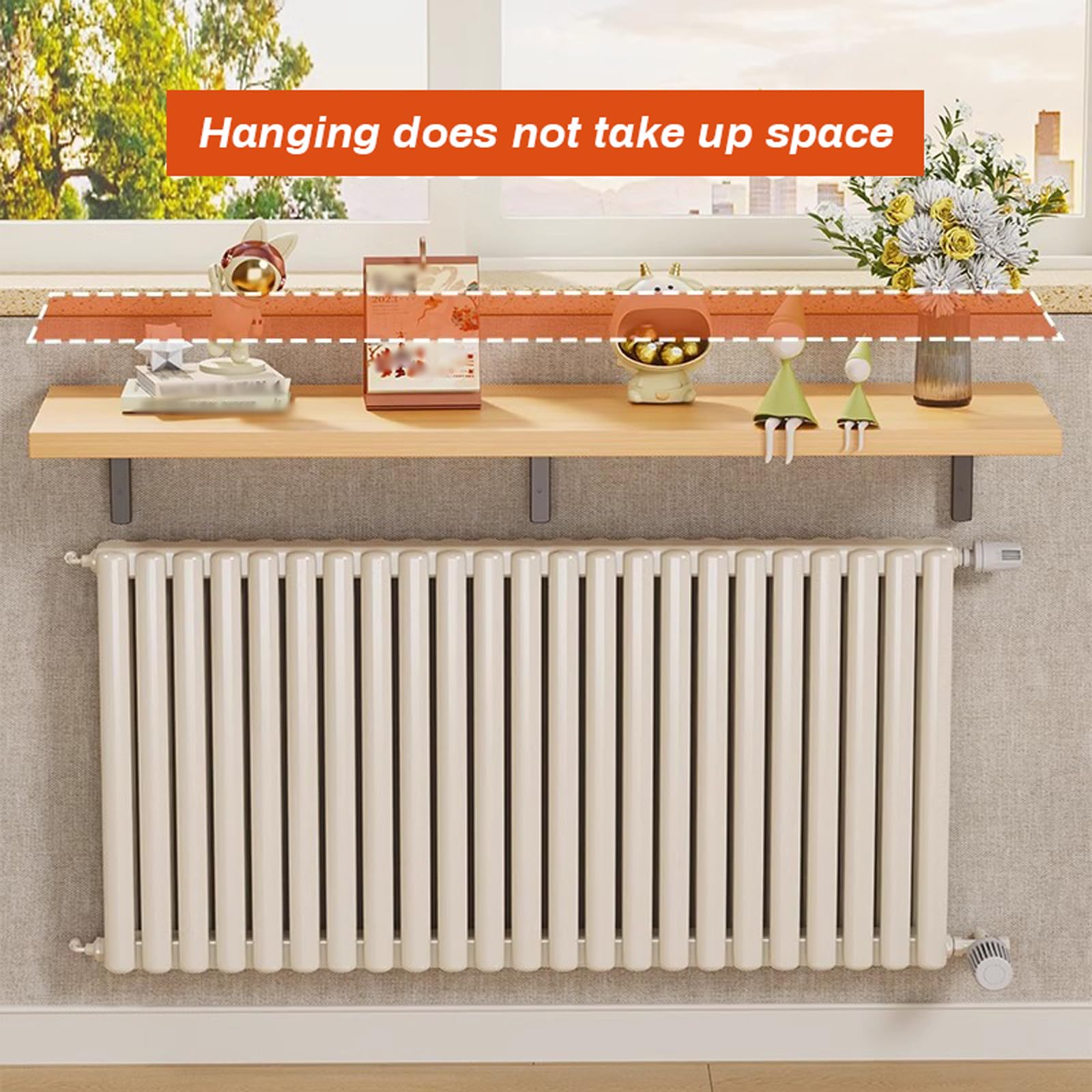 Mensola per radiatore in legno, mensola galleggiante per termosifoni, piano di lavoro extra largo, facile installazione, con staffe, salvaspazio, per foto, soggiorno, cucina, decorazione