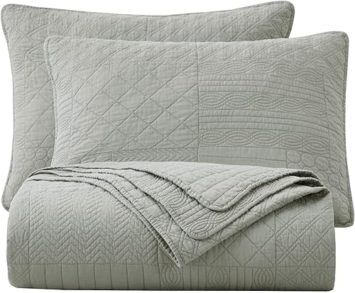 Miniatura 6 de Chezmoi Collection Linden - Juego de colcha de algodón prelavado de 3 piezas, juego de edredón bordado de hojas florales, tamaño Queen, color blanco