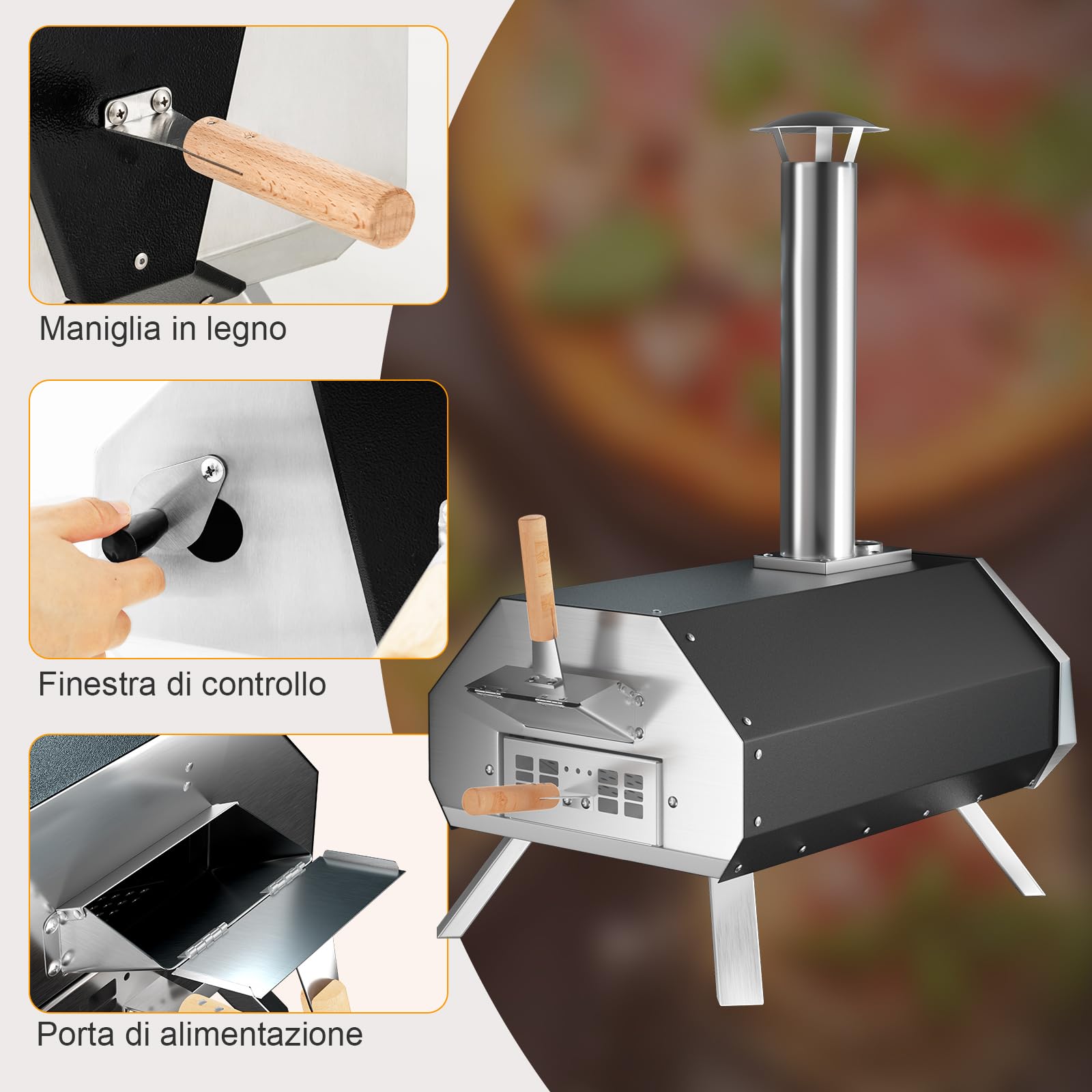 GYMAX Forno a Legna per Pizza, Griglia in Acciaio Inox a 3 Strati con Termometro, Pala per Pizza, Pietra per Pizza, Gambe Pieghevoli, per Esterno Cortile, Veranda, 51 x 38,5 x 83 cm