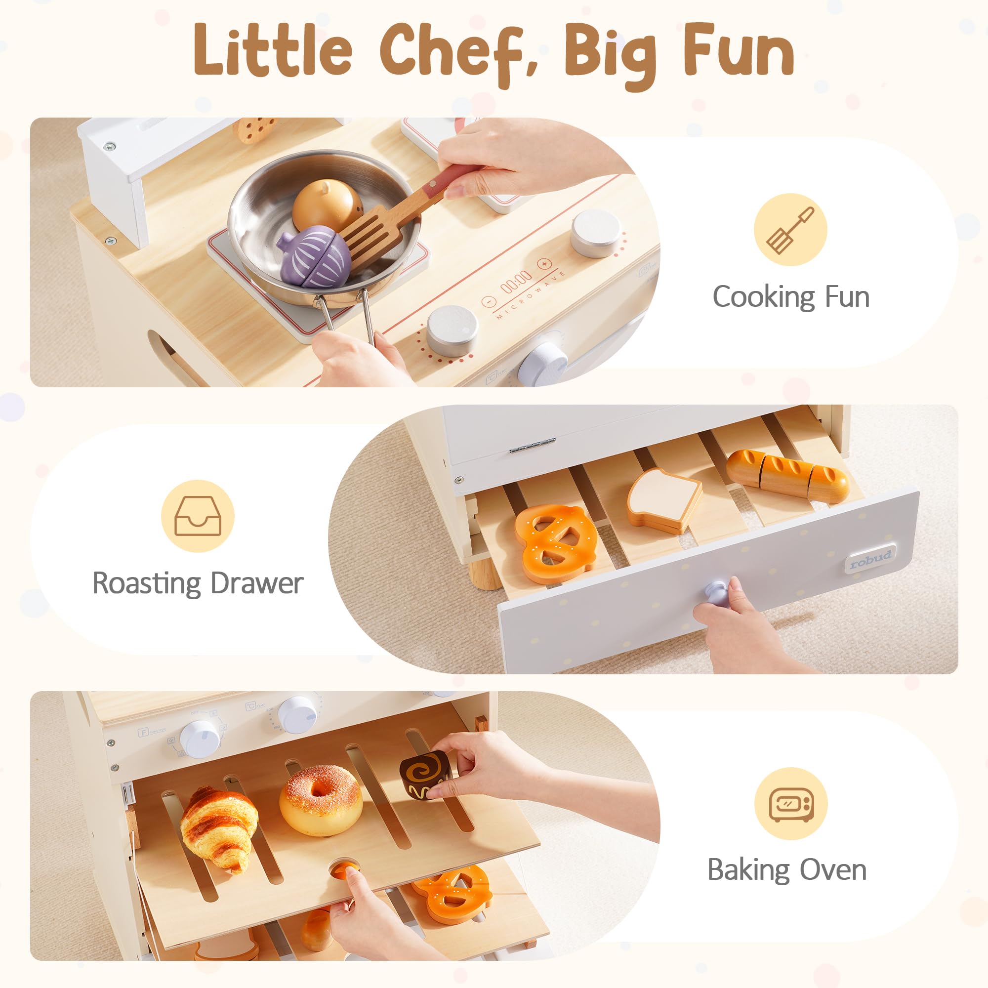 ROBUD Cucina da gioco in legno per bambini, set da cucina con forno giocattolo, fornelli, utensili, biglietti di ricette e pentole, set da cucina per bambini dai 3 anni in su