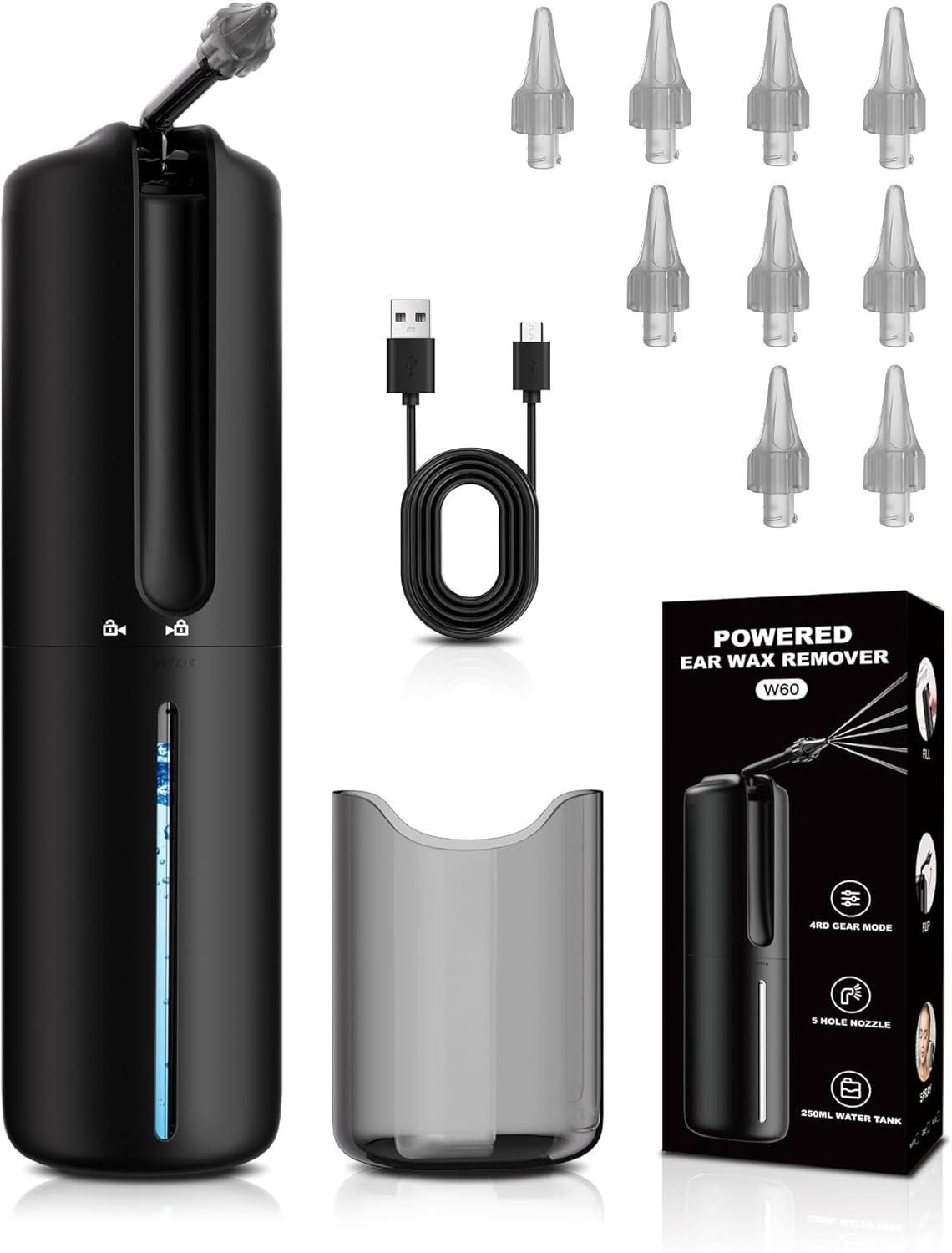 Upgraded Ear Wax Removal, Electric Ear Cleaner, Safe and Efficient Ear Cleaning, 4 Pressure Modes, 10 nozzles, Electric Earwax Cleaning Kit for Earwax Buildup Black
