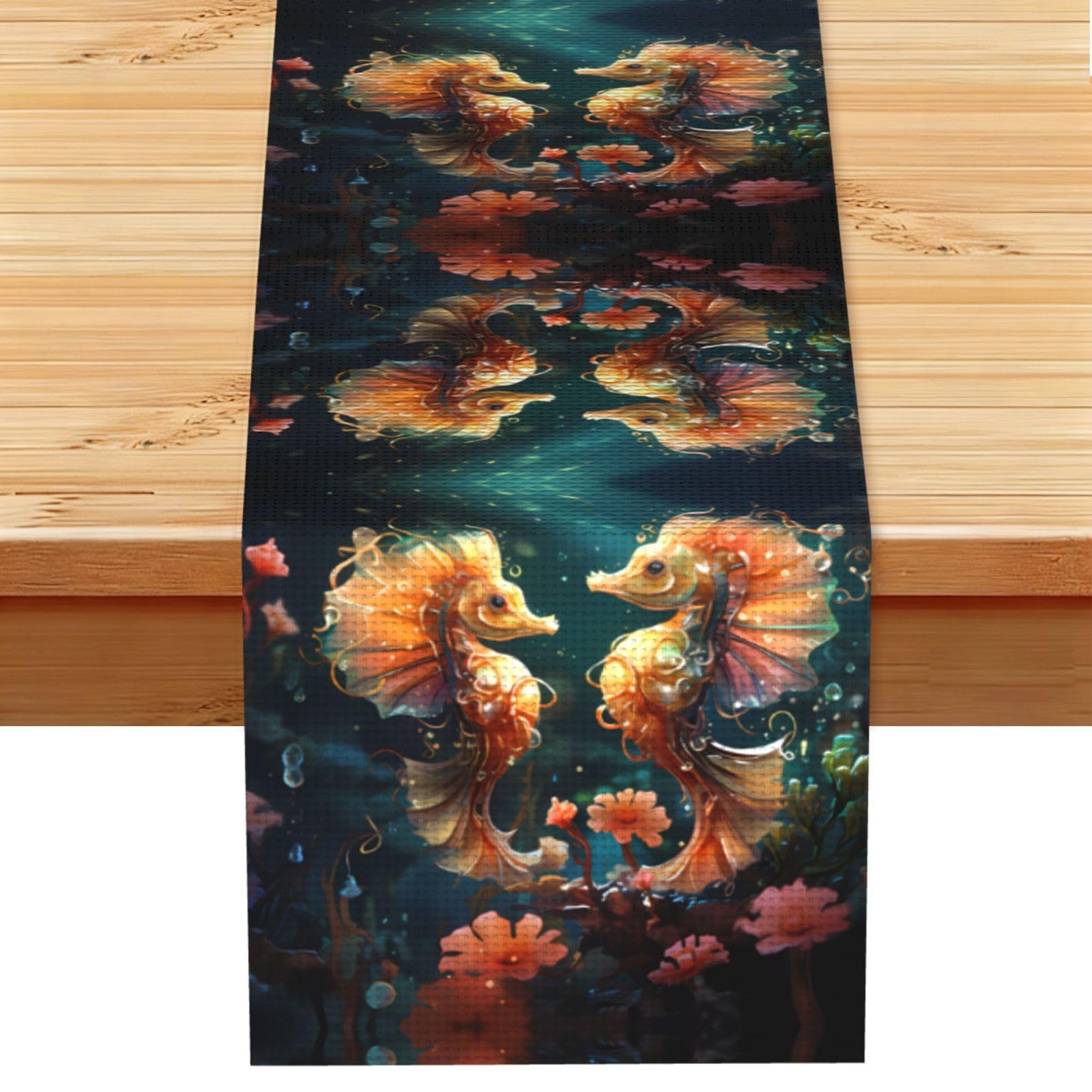Beautiful Seahorse Couple Linen Feel Table Runner Wedding Party Home Decoration